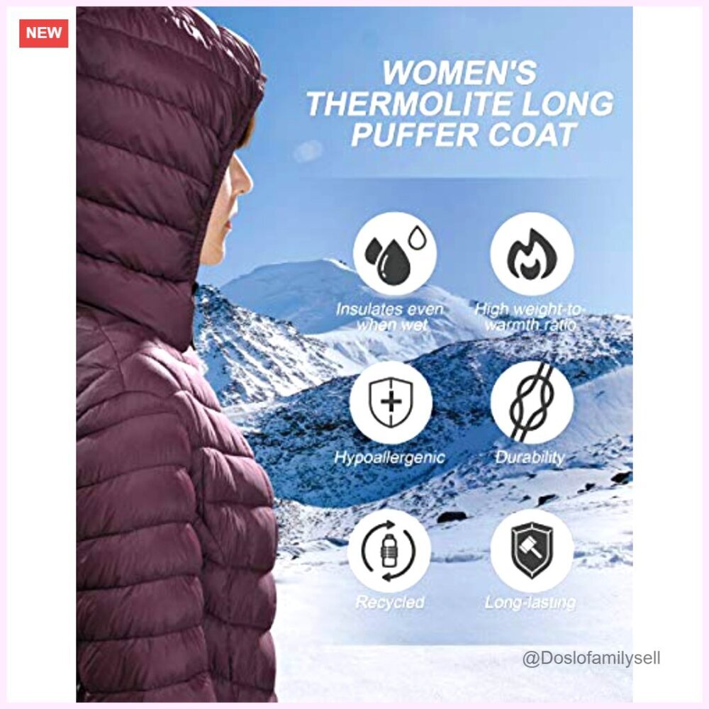 Ultra Lightweight Thermolite Long Puffer Coat Hooded Warm Packable Winter - Picture 4 of 6